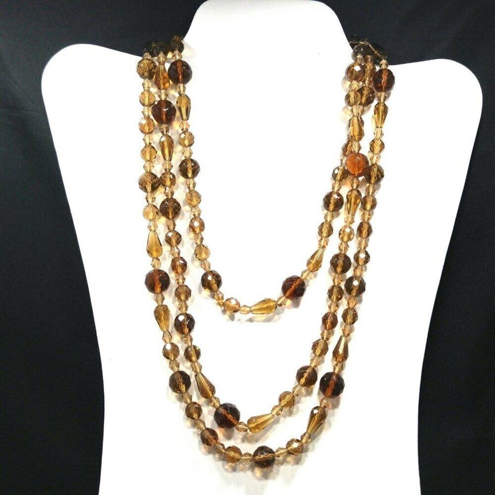 Vintage Topaz Czech Glass Bead Long Necklace, 60", Mid-Century Jewelry, No Clasp